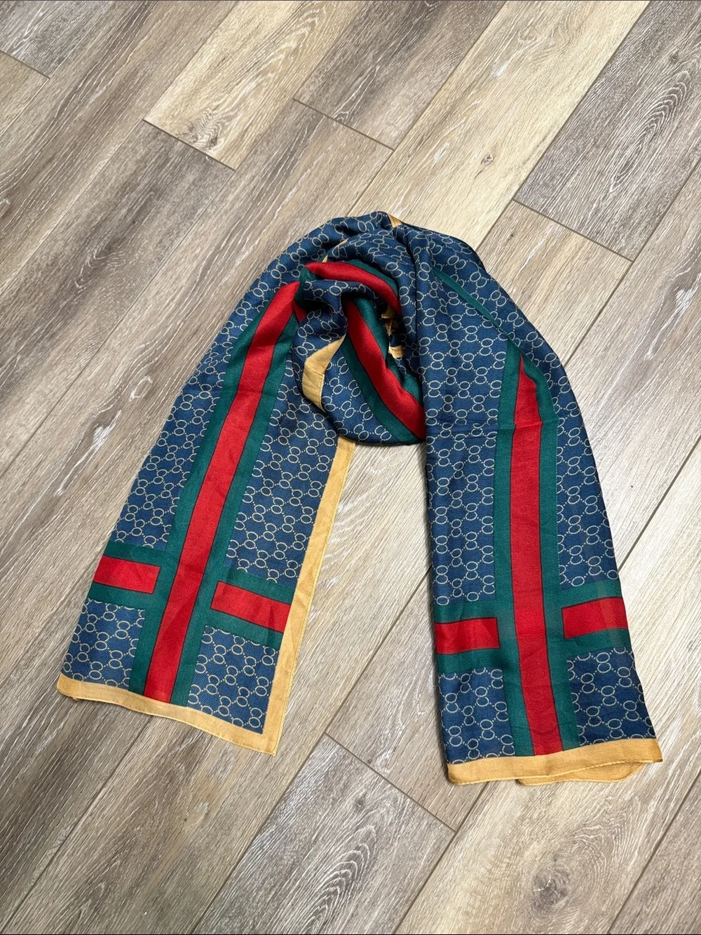 Silk Luxury Navy Patterned Large Scarf with Red & Green Stripes and Gold Trim